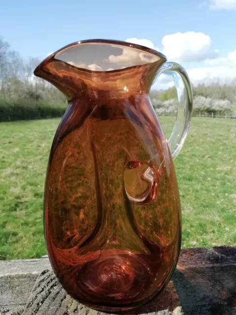 Signed James Carcass Contemporary Studio Art Glass Brown Tricorn Dimple Jug