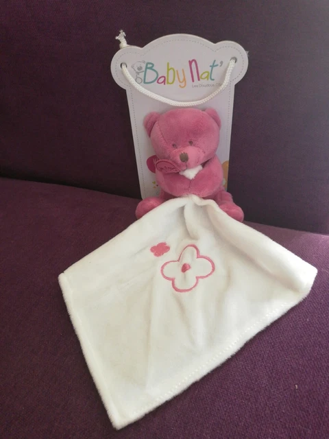 Doudou peluche ours rose violet fushia parme BABYNAT mouchoir blanc fleurs NEUF