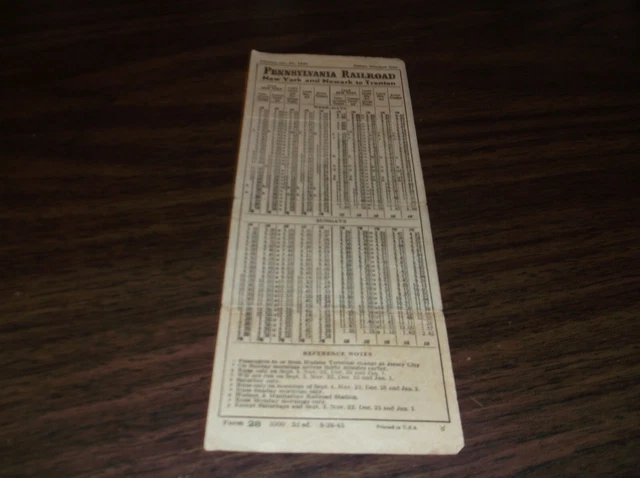 July 1945 Prr New York To Trenton, Nj Form 28 Public Timetable Scarce Wwii
