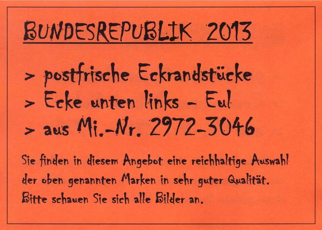 Auswahl BUND 2013 aus Mi.-Nr. 2972-3046 ** Eckrand Ecke unten links - Eul
