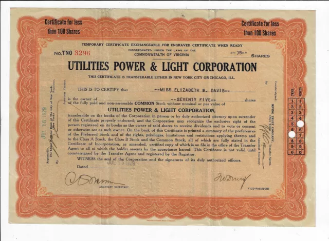 VIRGINIA 1929 Utilities Power & Light Corporation Temporary Stock Certificate
