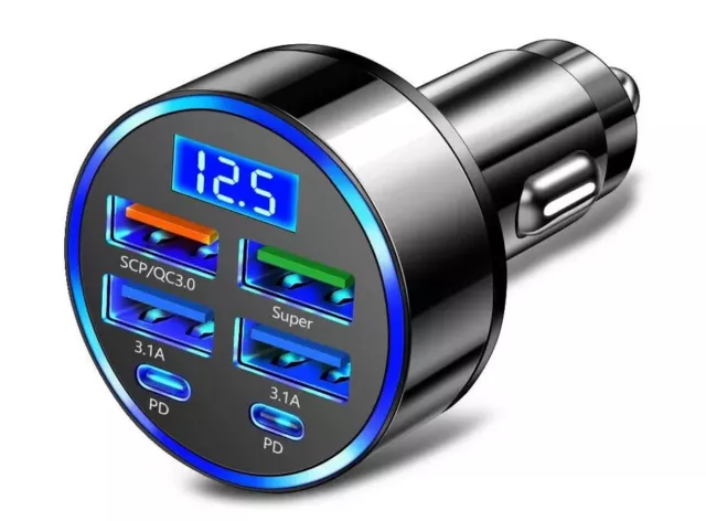 Chargeur Voiture  Allume Cigare 4 ports USB + 2 USB-C  PD 66W et Écran LED.