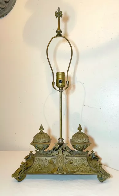 antique ornate 1800's Victorian gilt bronze dual inkwell desk lamp stand brass