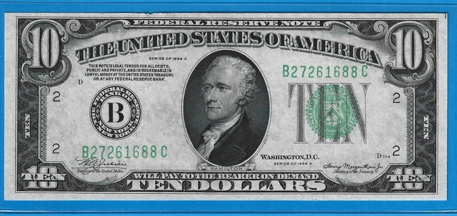 1934 A $10 Federal Reserve Note-FRN, B-New York,Green Seal,CH Crisp XF/AU,Nice!