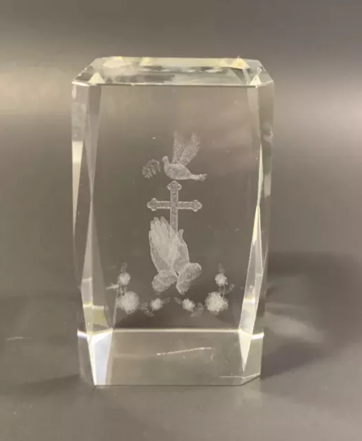 3D Laser Etched Crystal Clear Glass Cross Hands Dove Paperweight 3-1/8"