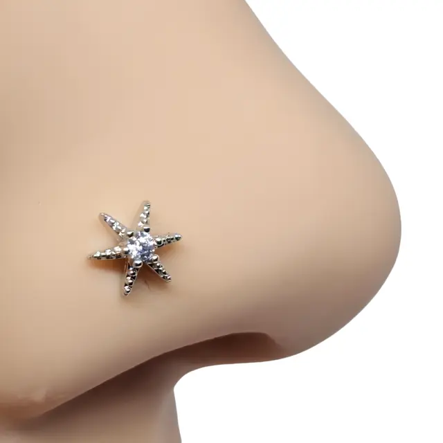 Flower Nose Stud Star Silver CZ Stone 20g (0.8mm) 316L Surgical Steel L Bend