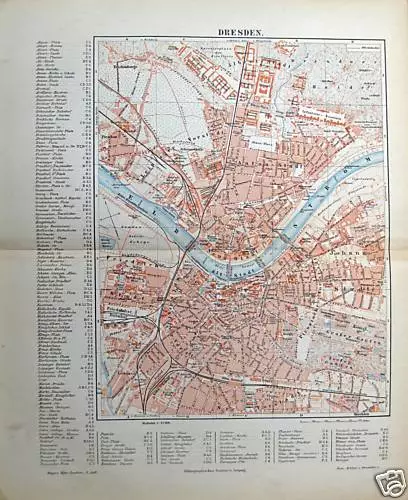 DRESDEN alter farbiger Stadtplan, gedruckt 1895