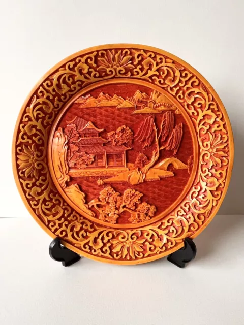 Chinese Cinnabar Carved Decretive Plate 10” Oriental Scene Yellow Red Signed