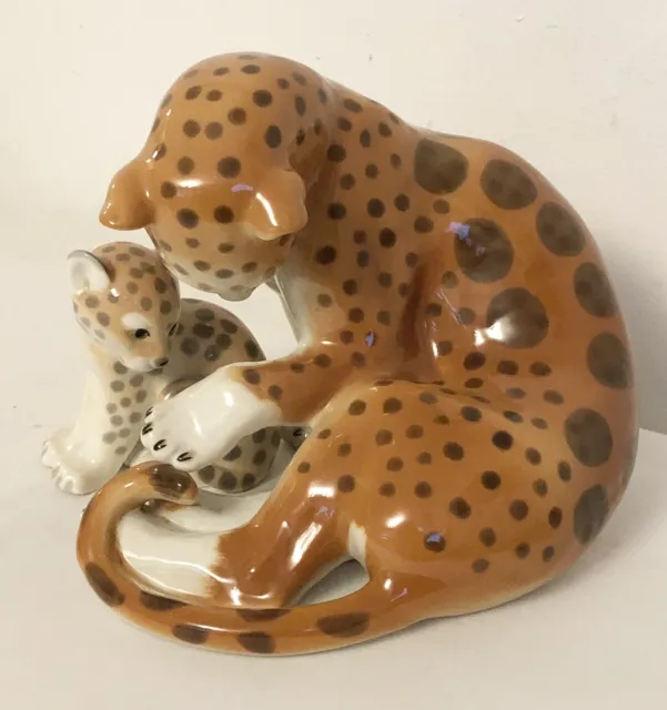 Vintage Lomonosov Porcelain ‘Large’ Leopard Cheetah & Cub Figurines USSR Russian