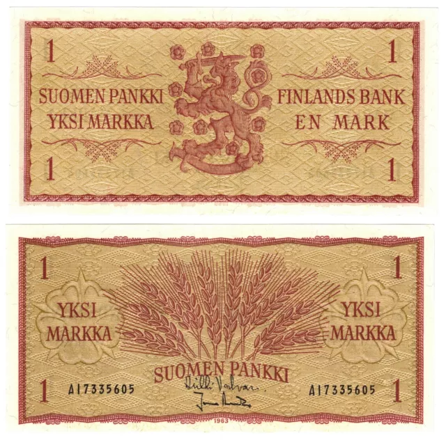 1963 Finland 1 Markka Banknote UNC P98a sign (41)