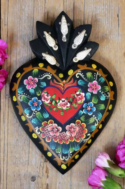 Heart Wood Hand Painted Black with Milagros Handmade Pátzcuaro Mexican Folk Art