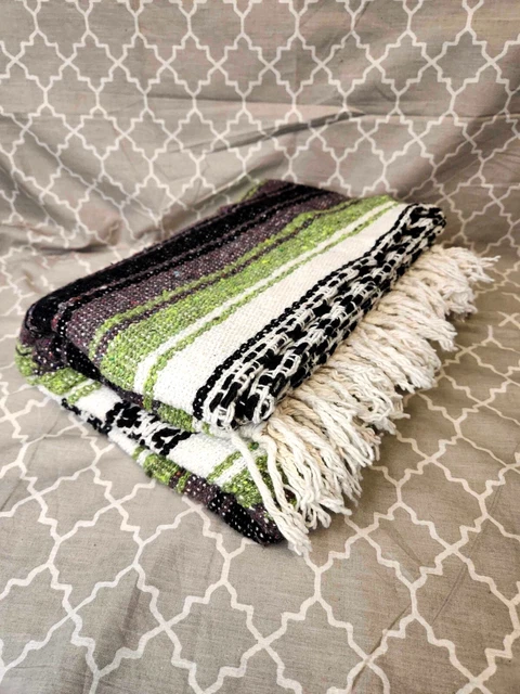 NEW! HN Authentic Mexican Blankets - Hand Woven Blanket - Grey Grass