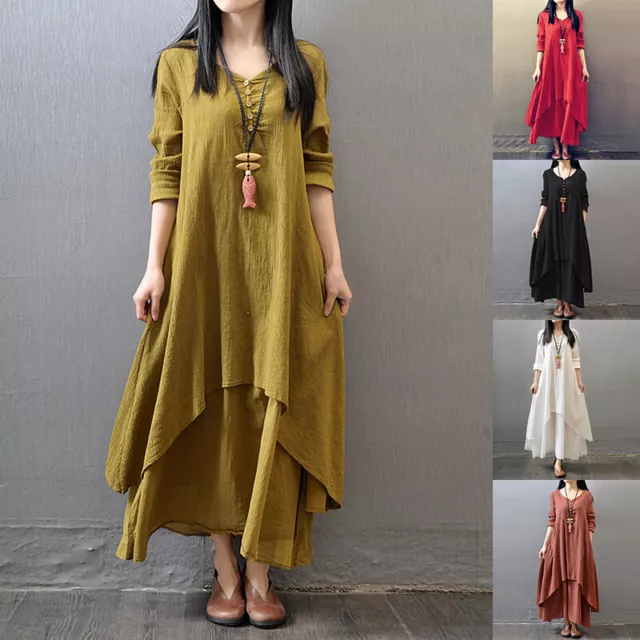 Women Solid Casual Kaftan Gypsy Maxi Dress Ladies Cotton Linen Long Sleeve Dress