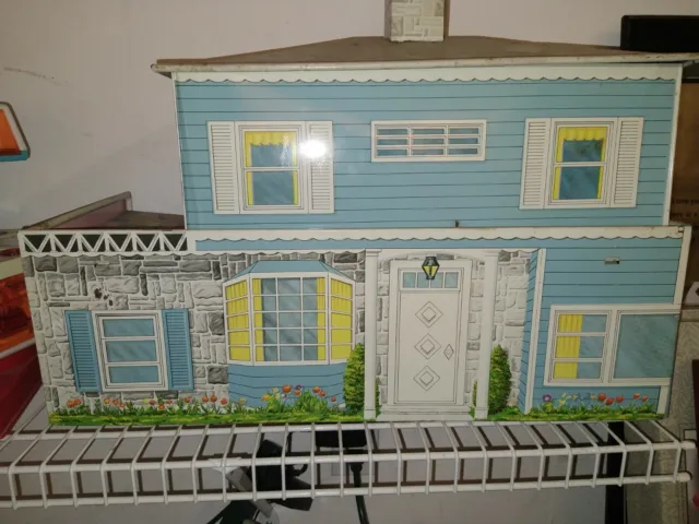Vintage Marx Tin Dollhouse Large 2 Story with Furniture Nursery Patio Laundry Rm
