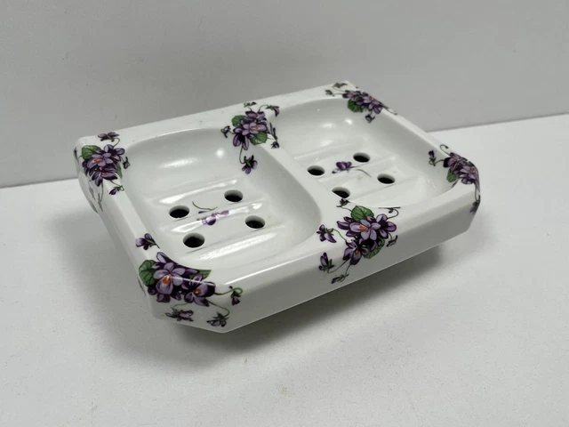 Ancien Porte-Savon Mural en Faïence à décor de Violettes