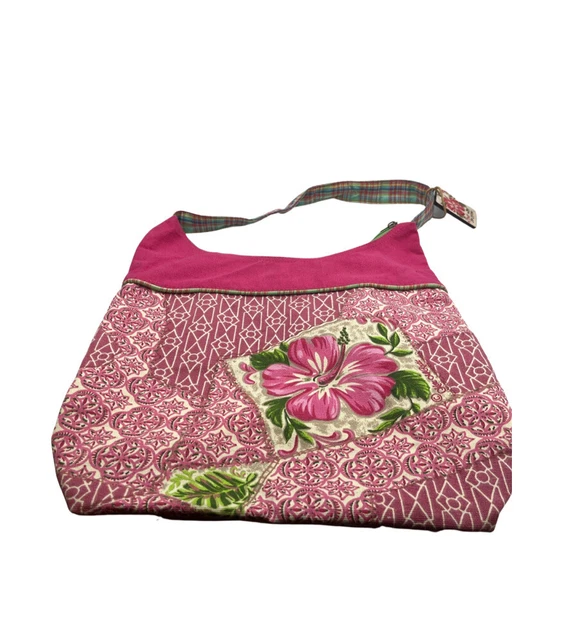 KATE MCROSTIE CANVAS Pink Plaid Floral Hand Bag Beaded Shoulder