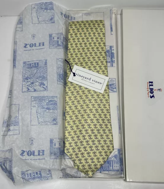 Vineyard Vines Marthas Vineyard Palm Tree Pattern Pure Silk Yellow Tie ~NEW~