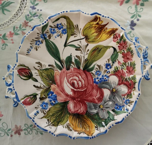 Vintage Hand Painted Nove Rose Floral Majolica Italian Platter Plate 12"