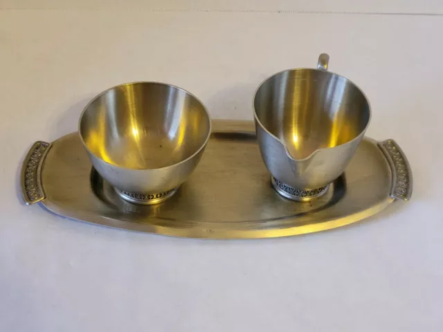 Vintage Pewter Haugrud Norway Cream & Sugar Set w/ Tray Mid Century Modern