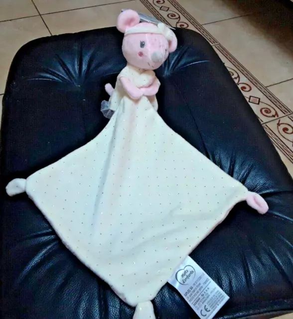 Doudou Peluche Souris Mouchoir Blanc Rose pois or doré Mots D Enfants NEUF