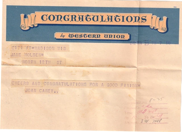 Western Union Congratulations Telegram  & Envelope 1942, Graduation Beloit Wisc.