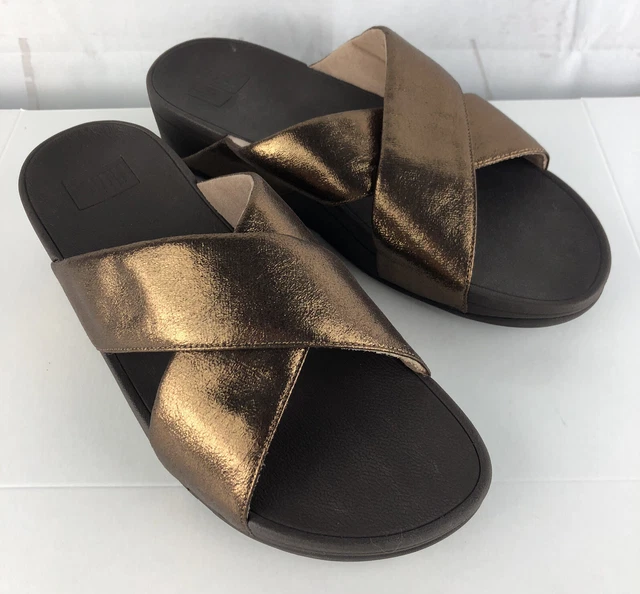 FitFlop Sandal Womens 9 Copper Lulu Cross Glitz Slide Slip On Metallic Wedge