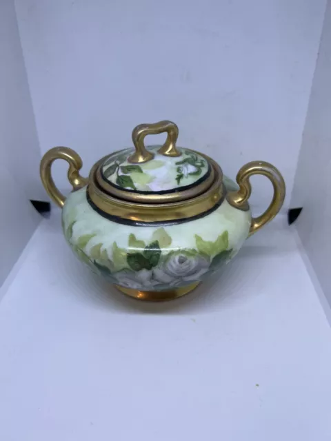 Saxony Antique Hand Painted Gold & Green Rose Themed Sugar Bowl W/Lid 5" Tall 2