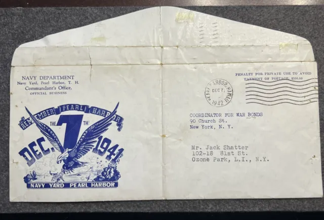 Remember Pearl Harbor RARE  (stamped Dec 7th 1942) WW2 Envelope Patriotic Cover