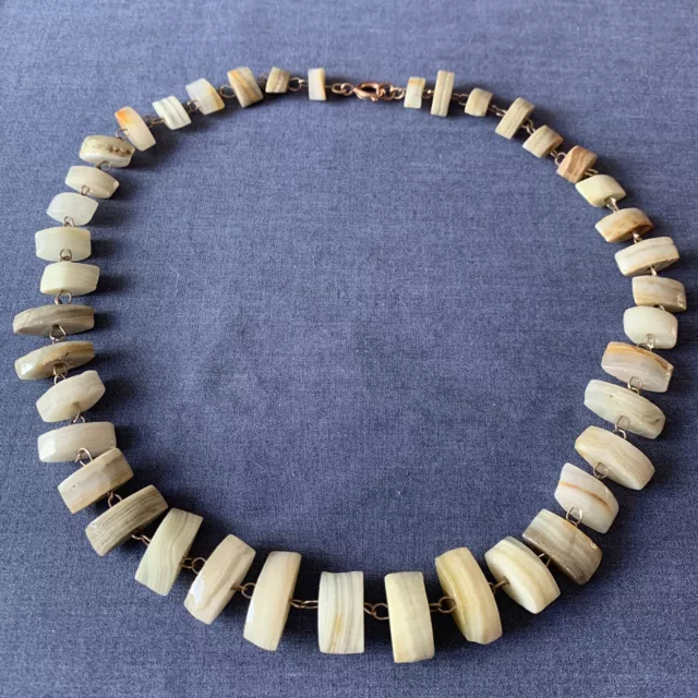 Banded Calcite / Onyx? Art Deco Bead Necklace Green Cream Brown Stone Hand Cut