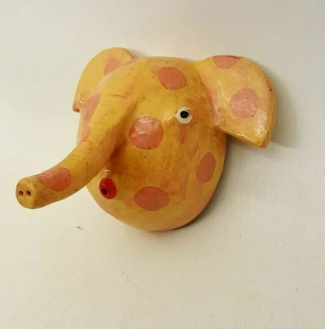 Kim Murton pottery elephant head sculpture wall hanging yellow pink spots
