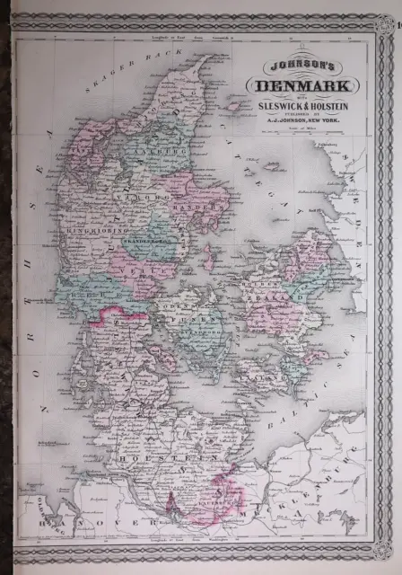 Old Antique 1872 A.J. Johnson Atlas Map ~ DENMARK ~ (LG13x18)  -#1021