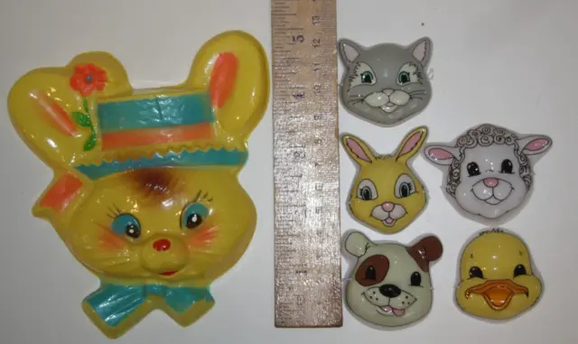 6 VTG Easter Bunny Plastic Cake Topper & Miniature Animal Masks Lamb Duck Dog +