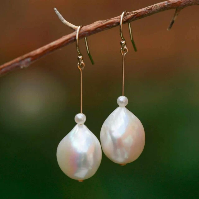 16.5mm Natural white Freshwater Baroque pearl 14k gold earrings Cultured