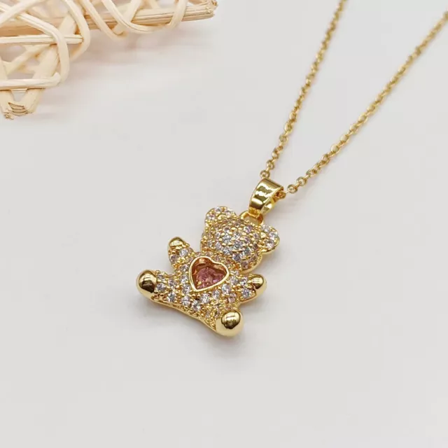 Women's Fashion Gold Or Silver Teddy Bear Pink Heart Cubic Zircon Necklace 1-264