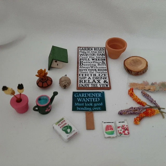 Miniature Dollhouse  lot Garden porch accessories Signs Flower pots leaves