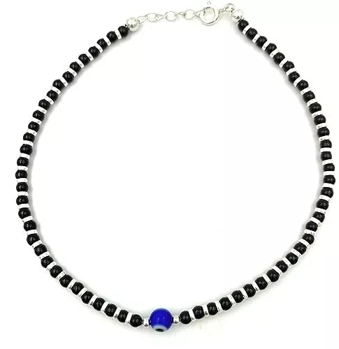 Argent Sterling Bleu Mauvais Oeil Nazariya Cheville avec Noir Perles pour Fille