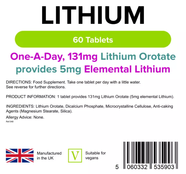 Comprimés de lithium 5 mg (paquet de 60) orate de lithium fabricant britannique [Lindens 5903] 3