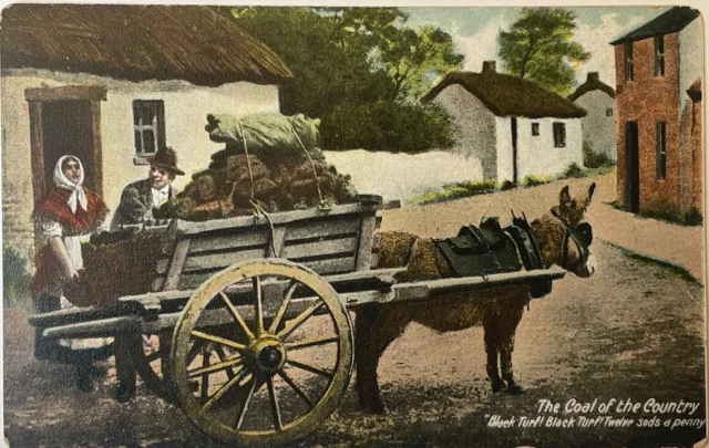 Irish Peasants Black Turf In a Donkey Cart Coal of the Country Vintage Postcard