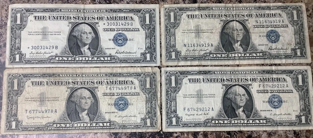 1957 "A-B" One Dollar Bill Silver Certificate "No Motto" Blue Seal Note Lot of4H