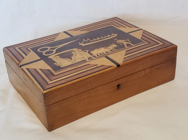 Rara Antigua Años 1890+ Incrustaciones Hecho a Mano En Madeira Caja de Madera Decorativa