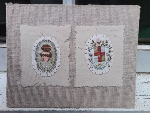 Antique Two Printed Images Roman Catholic Sacred Heart  Linen Wall Hanging