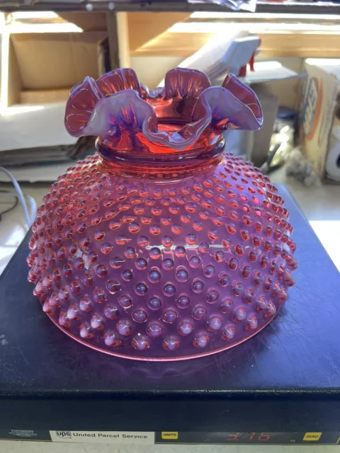 Vintage Fenton Cranberry Opalescent Hobnail Glass Lamp Shade Estate Find Ruffled