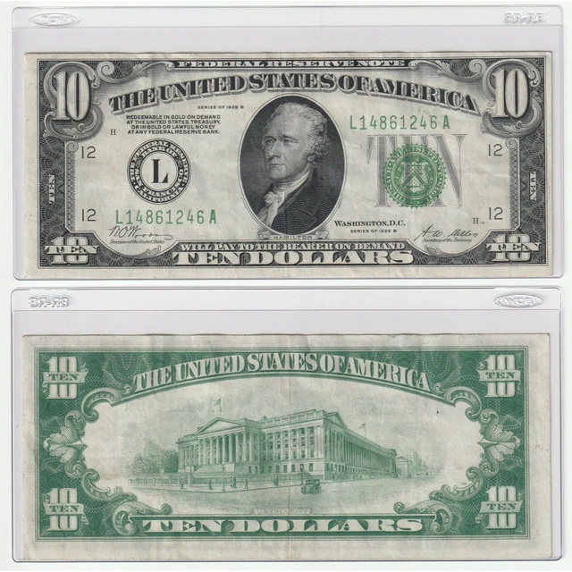 Rare 1928 $10 Ten Dollar Federal Reserve Note Gold Clause Green Seal Bill