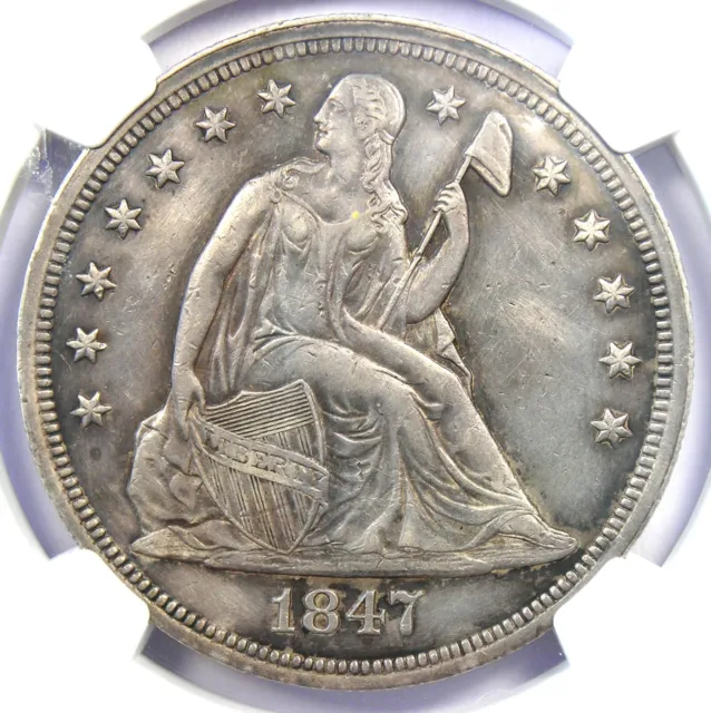 1847 Seated Liberty Silver Dollar $1 Coin - Certified NGC AU Details - Rare Date