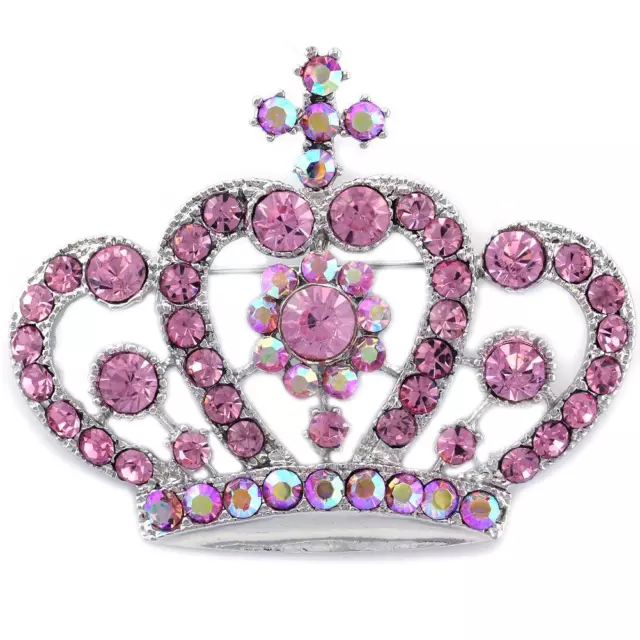 Queen Princess Pink Flower Cross Crown Tiara  Brooch Pin p795