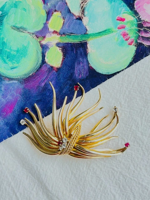 Spilla Vintage Fiore Verde Cristalli Oro – Regalo Art Déco Per Donna