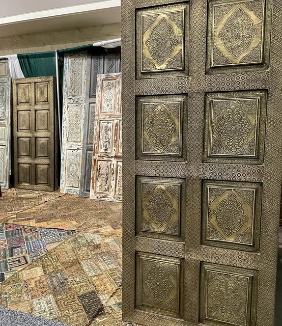 Vintage Sliding Barn Door, Brass Hand Carved Artistic Barn Doors, Indian  80x36