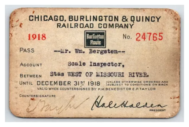 CHICAGO BURLINGTON Quincy Railroad Ticket ~ SCALE INSPECTOR PASS for CBQ 1918