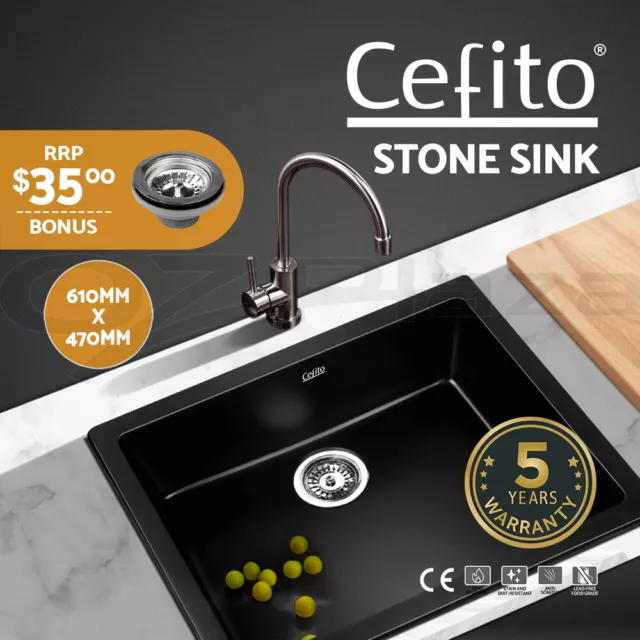 Cefito Kitchen Sink Stone Sink Granite Laundry Basin Single Bowl 61cmx47cm Black