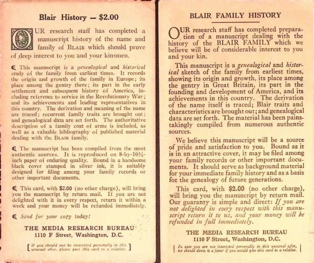 Blair Family History Two Postcard Advertising from The Media Research Bureau